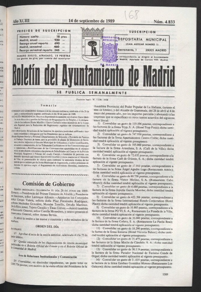 Miniatura de Boletín del Ayuntamiento de Madrid del 14 de septiembre de 1989