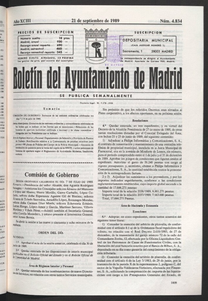 Miniatura de Boletín del Ayuntamiento de Madrid del 21 de septiembre de 1989