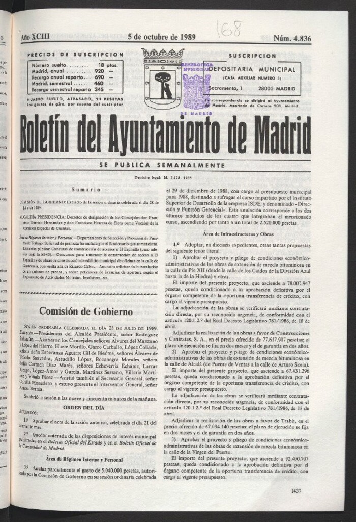Miniatura de Boletín del Ayuntamiento de Madrid del 5 de octubre de 1989