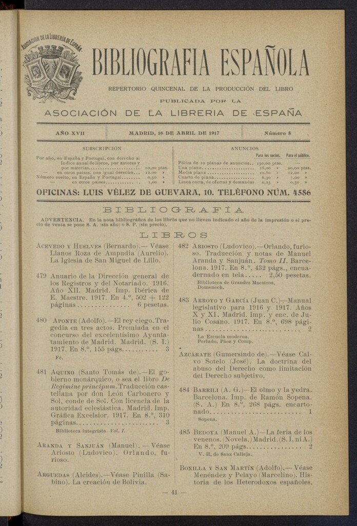 Miniatura de Bibliografía Española del 16 de abril de 1917