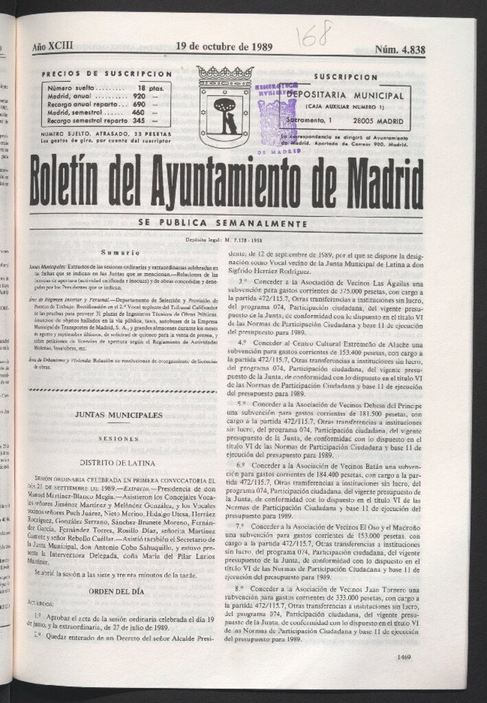 Miniatura de Boletín del Ayuntamiento de Madrid del 19 de octubre de 1989