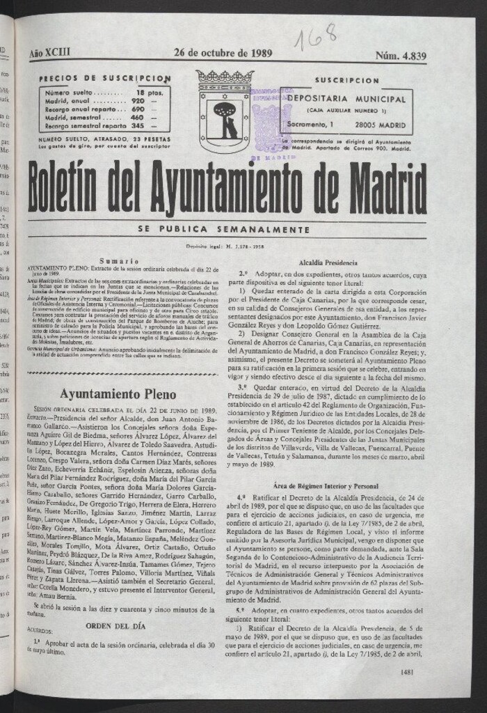 Miniatura de Boletín del Ayuntamiento de Madrid del 26 de octubre de 1989