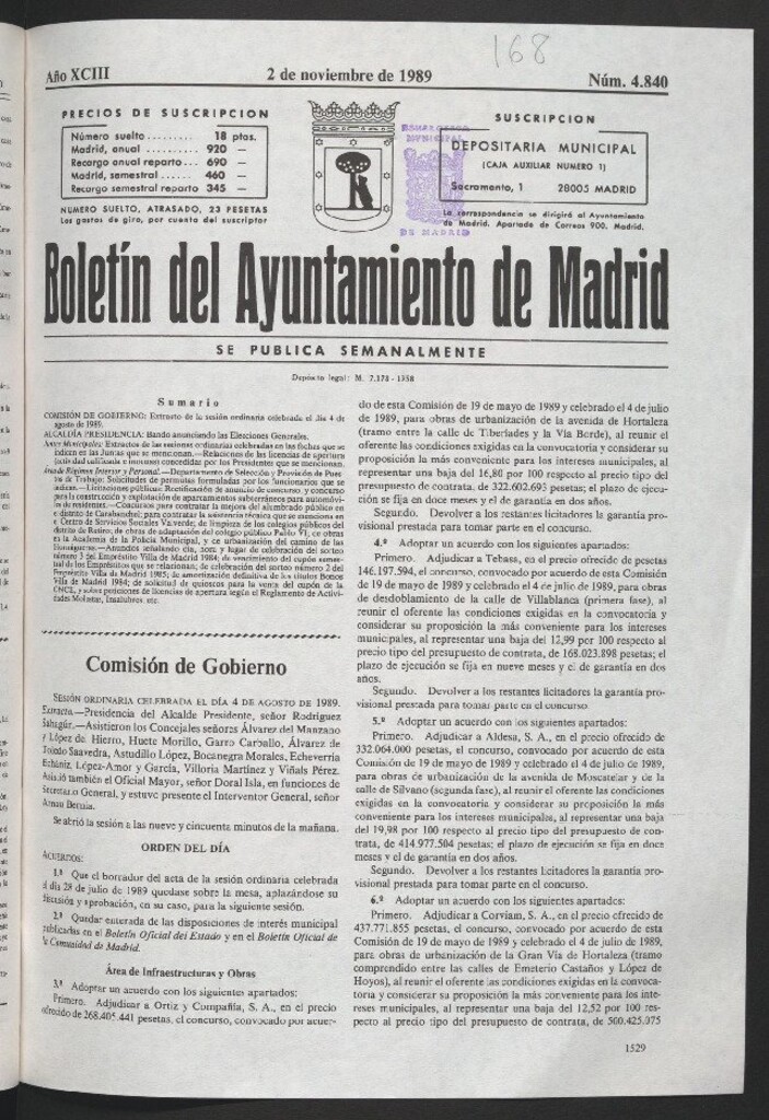 Miniatura de Boletín del Ayuntamiento de Madrid del 2 de noviembre de 1989
