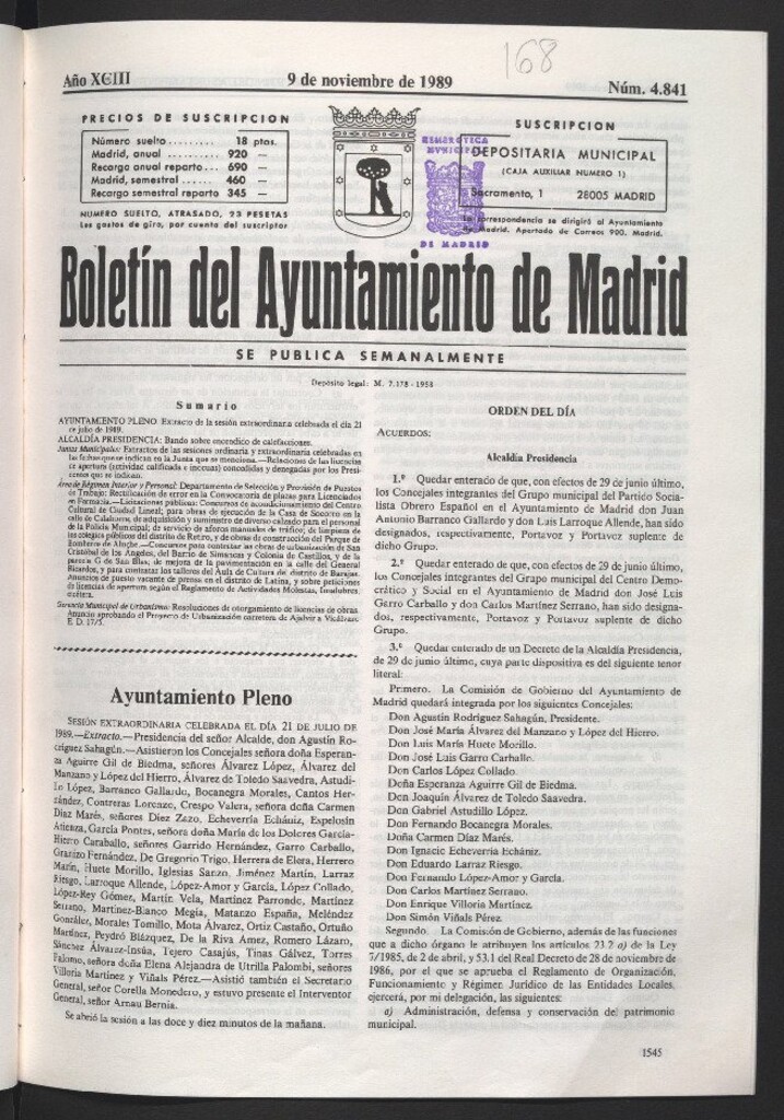 Miniatura de Boletín del Ayuntamiento de Madrid del 9 de noviembre de 1989