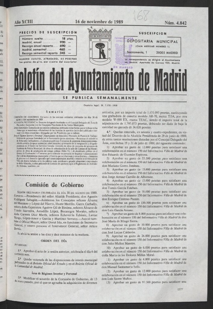 Miniatura de Boletín del Ayuntamiento de Madrid del 16 de noviembre de 1989