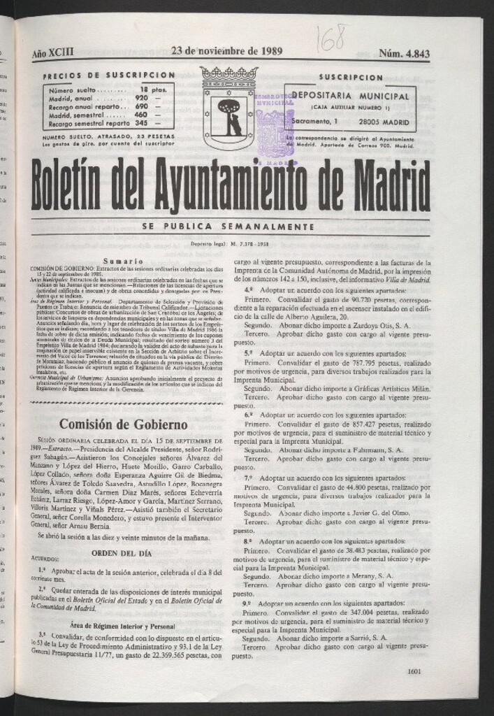 Miniatura de Boletín del Ayuntamiento de Madrid del 23 de noviembre de 1989