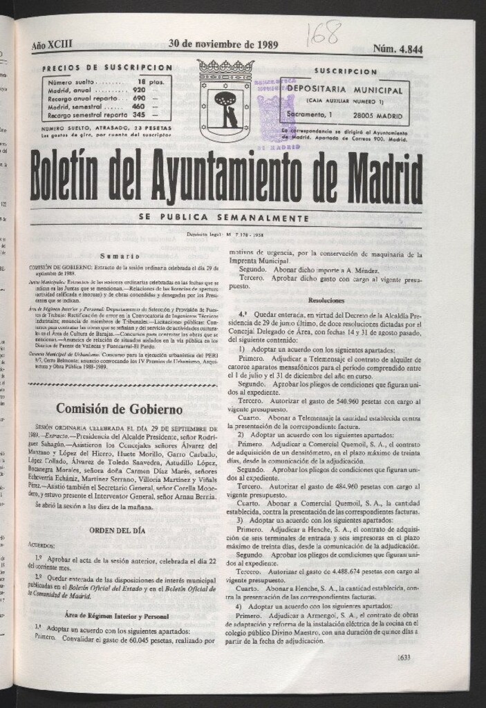 Miniatura de Boletín del Ayuntamiento de Madrid del 30 de noviembre de 1989