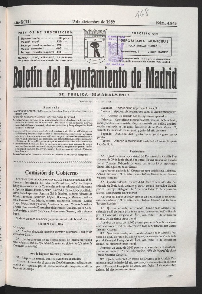 Miniatura de Boletín del Ayuntamiento de Madrid del 7 de diciembre de 1989