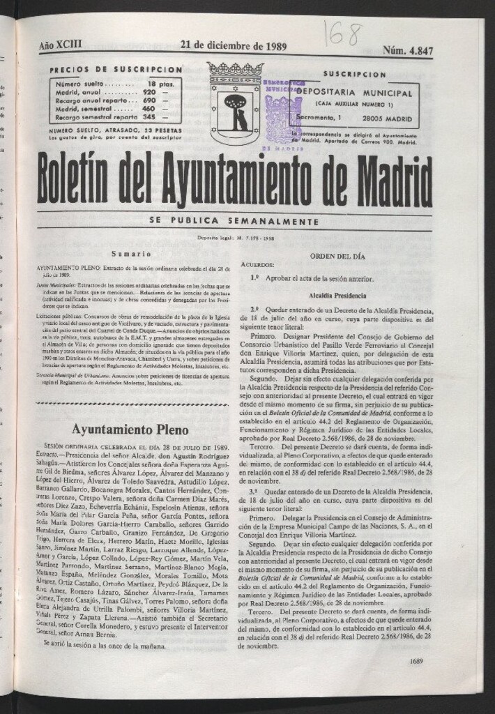 Miniatura de Boletín del Ayuntamiento de Madrid del 21 de diciembre de 1989