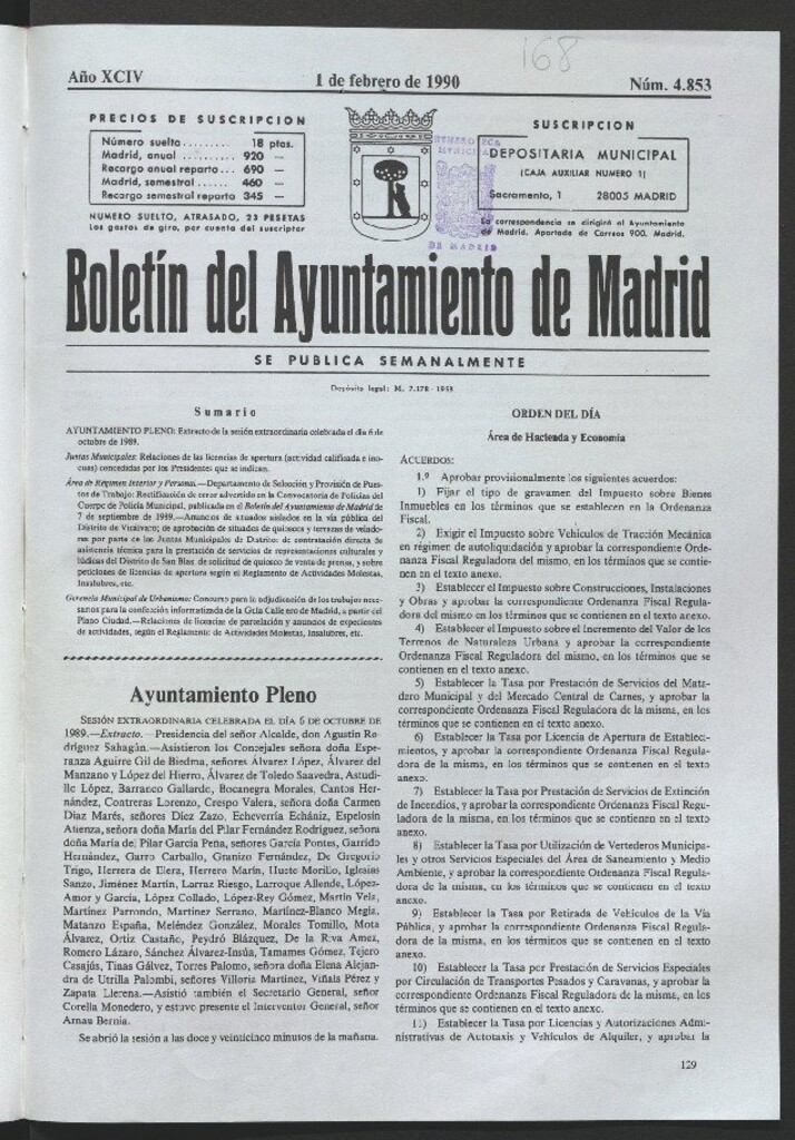 Miniatura de Boletín del Ayuntamiento de Madrid del 1 de febrero de 1990