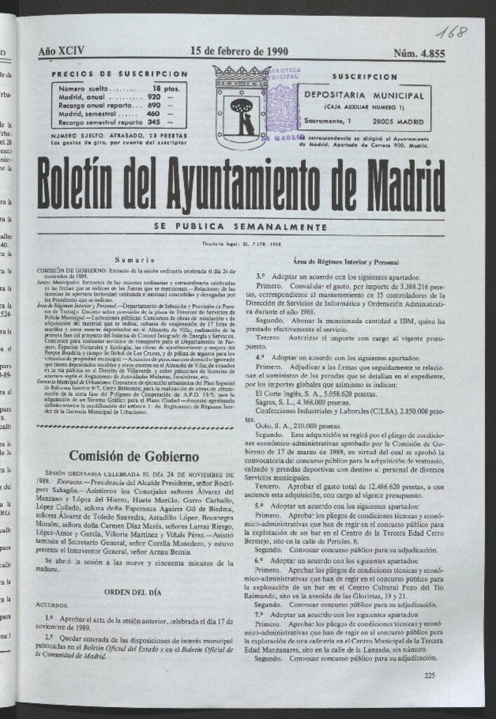 Miniatura de Boletín del Ayuntamiento de Madrid del 15 de febrero de 1990