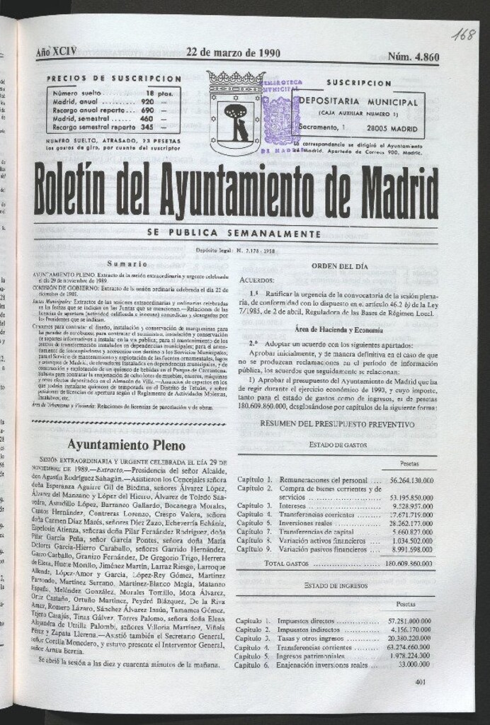 Miniatura de Boletín del Ayuntamiento de Madrid del 22 de marzo de 1990