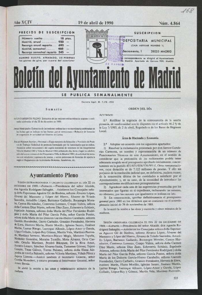 Miniatura de Boletín del Ayuntamiento de Madrid del 19 de abril de 1990