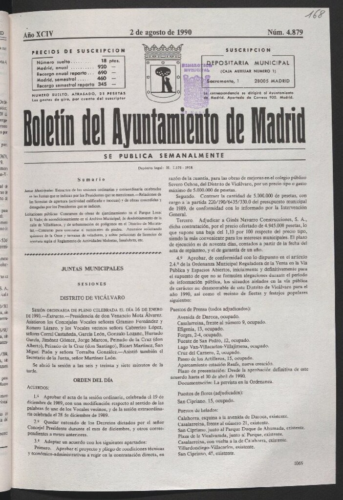 Miniatura de Boletín del Ayuntamiento de Madrid del 2 de agosto de 1990
