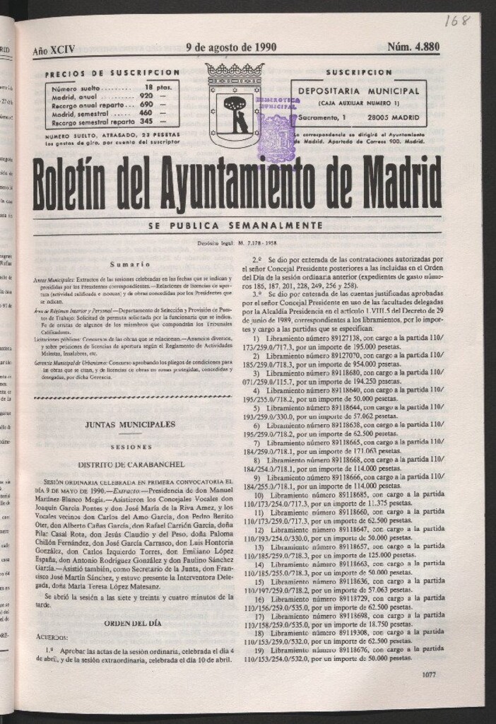 Miniatura de Boletín del Ayuntamiento de Madrid del 9 de agosto de 1990