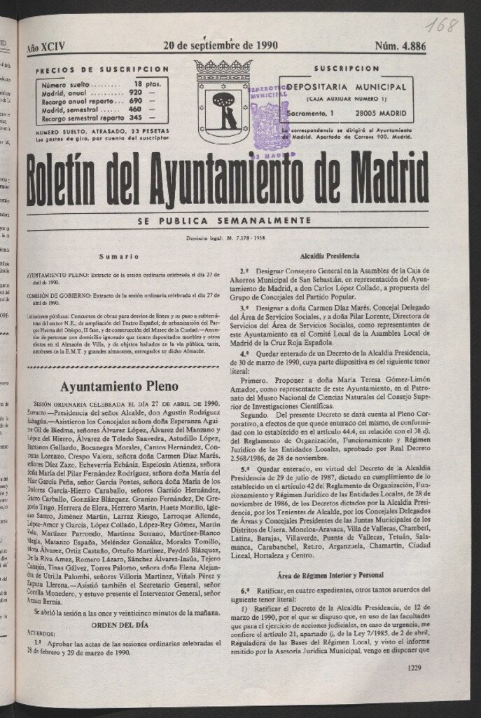 Miniatura de Boletín del Ayuntamiento de Madrid del 20 de septiembre de 1990