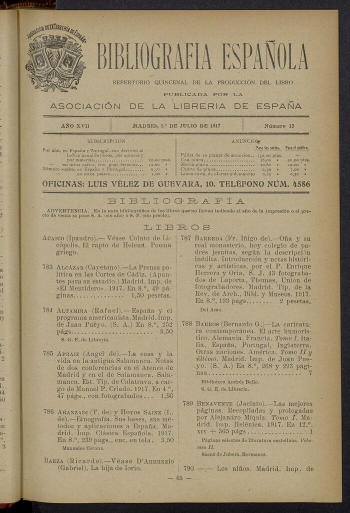 Miniatura de Bibliografía Española del 1 de julio de 1917