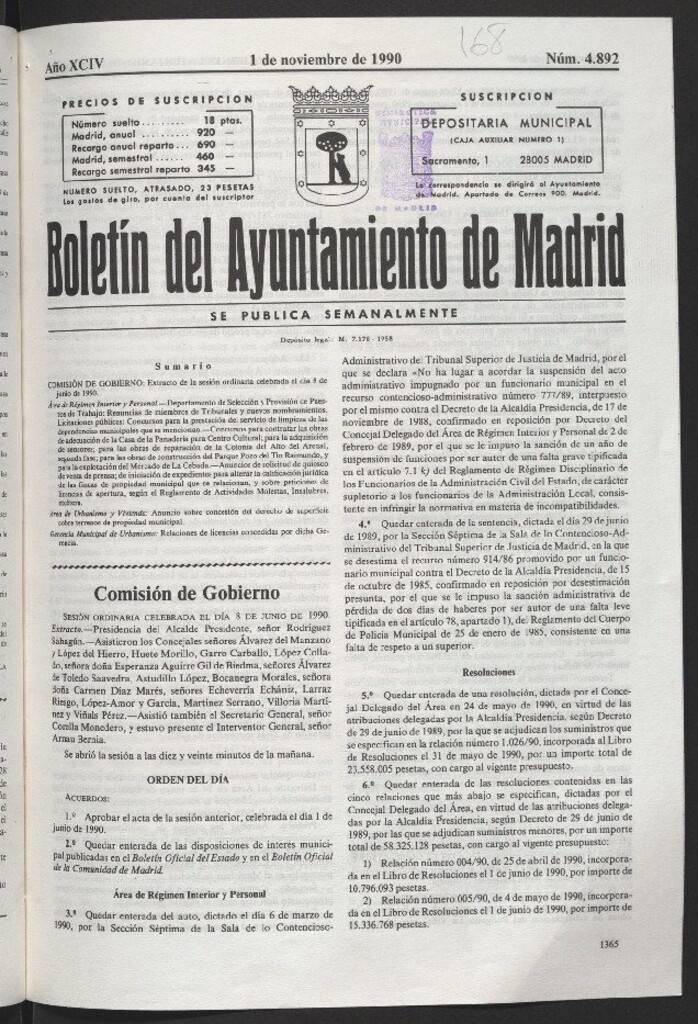 Miniatura de Boletín del Ayuntamiento de Madrid del 1 de noviembre de 1990