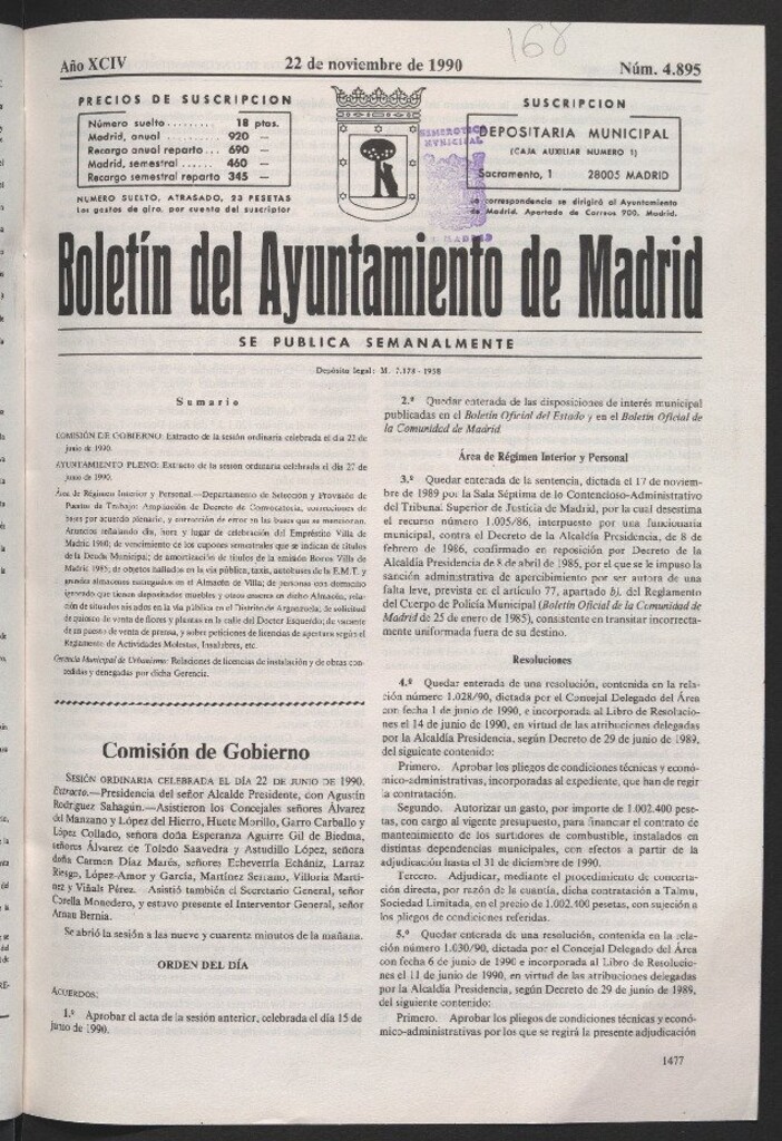 Miniatura de Boletín del Ayuntamiento de Madrid del 22 de noviembre de 1990