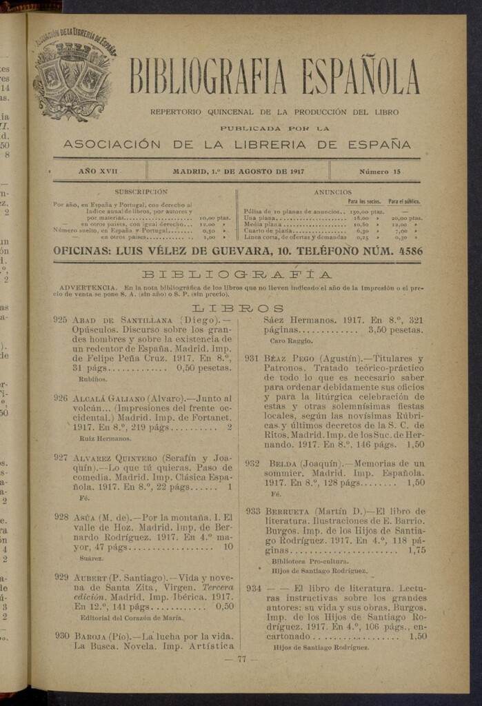 Miniatura de Bibliografía Española del 1 de agosto de 1917