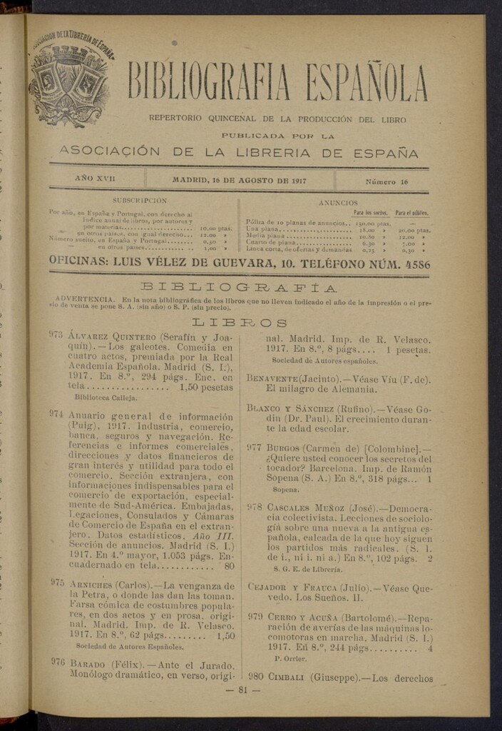 Miniatura de Bibliografía Española del 16 de agosto de 1917