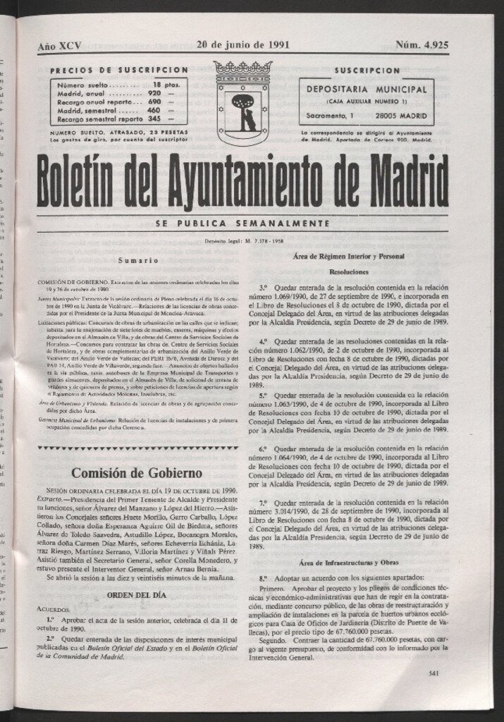 Miniatura de Boletín del Ayuntamiento de Madrid del 20 de junio de 1991