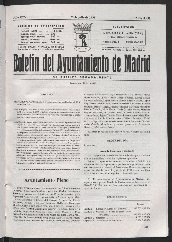 Miniatura de Boletín del Ayuntamiento de Madrid del 25 de julio de 1991