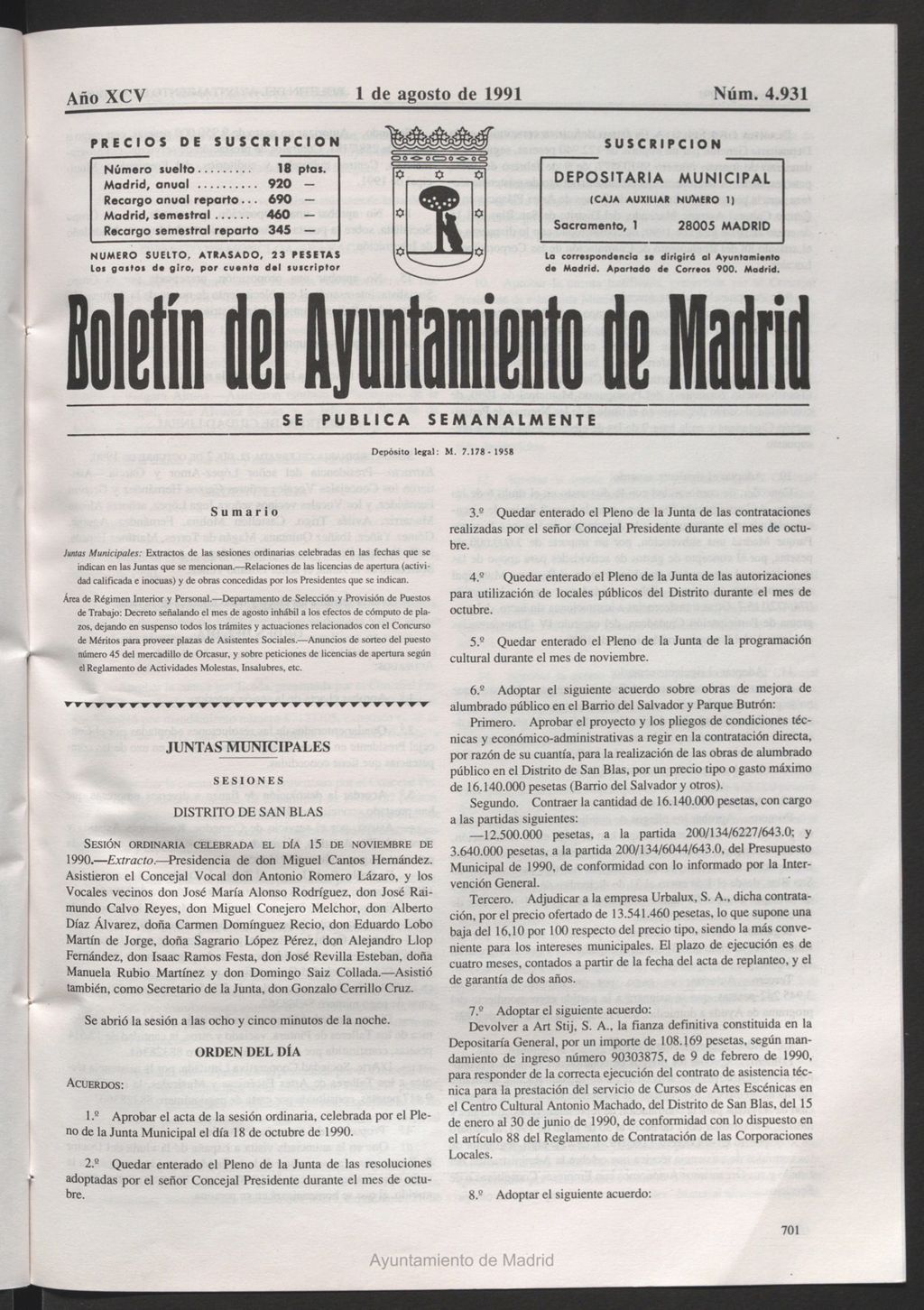 Miniatura de Boletín del Ayuntamiento de Madrid del 1 de agosto de 1991