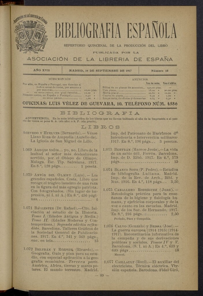 Miniatura de Bibliografía Española del 16 de septiembre de 1917