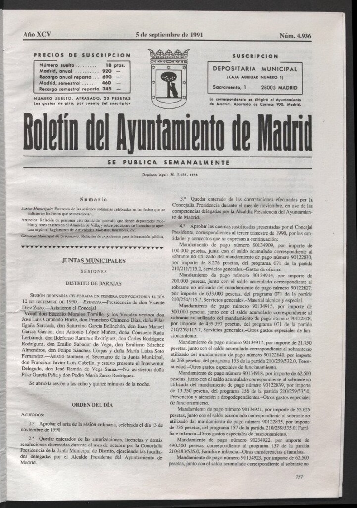 Miniatura de Boletín del Ayuntamiento de Madrid del 5 de septiembre de 1991
