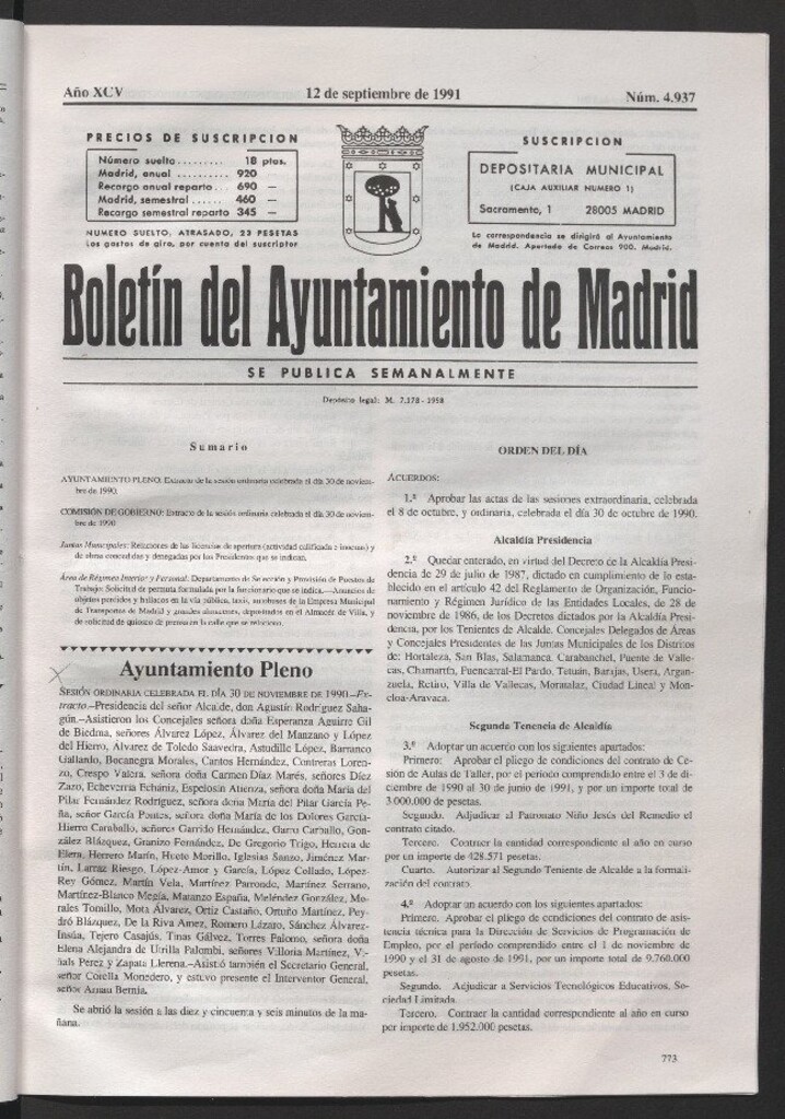 Miniatura de Boletín del Ayuntamiento de Madrid del 12 de septiembre de 1991