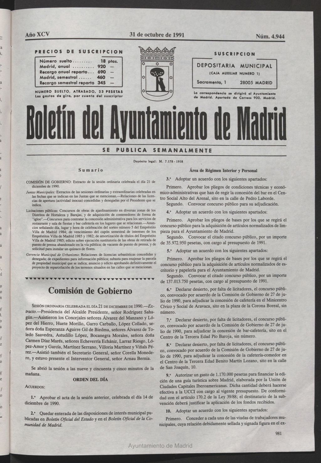 Miniatura de Boletín del Ayuntamiento de Madrid del 31 de octubre de 1991