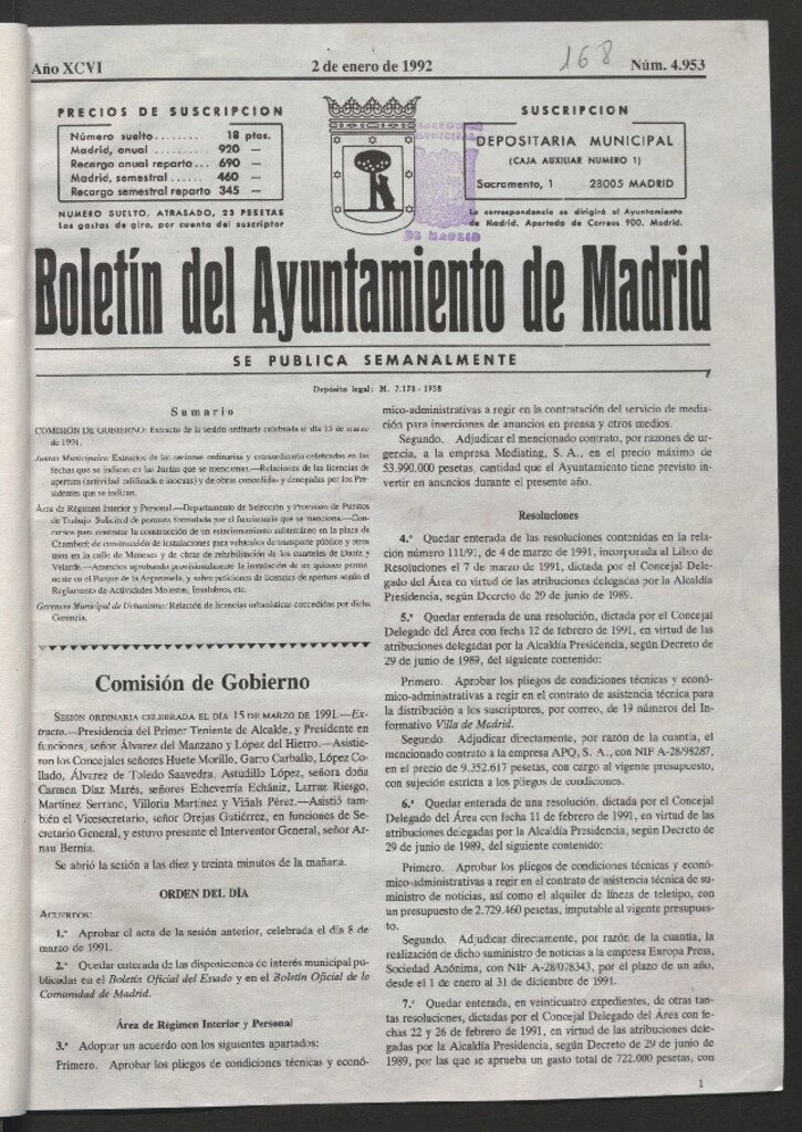 Miniatura de Boletín del Ayuntamiento de Madrid del 2 de enero de 1992