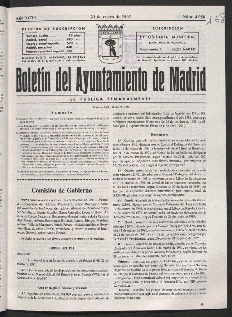 Miniatura de Boletín del Ayuntamiento de Madrid del 23 de enero de 1992