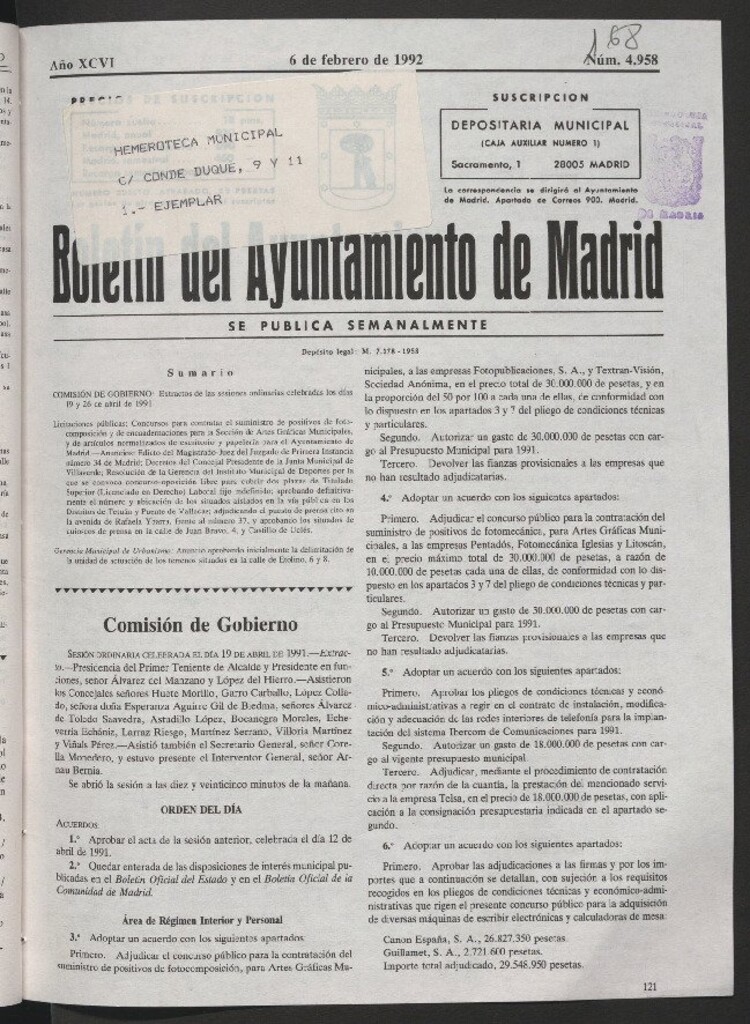 Miniatura de Boletín del Ayuntamiento de Madrid del 6 de febrero de 1992