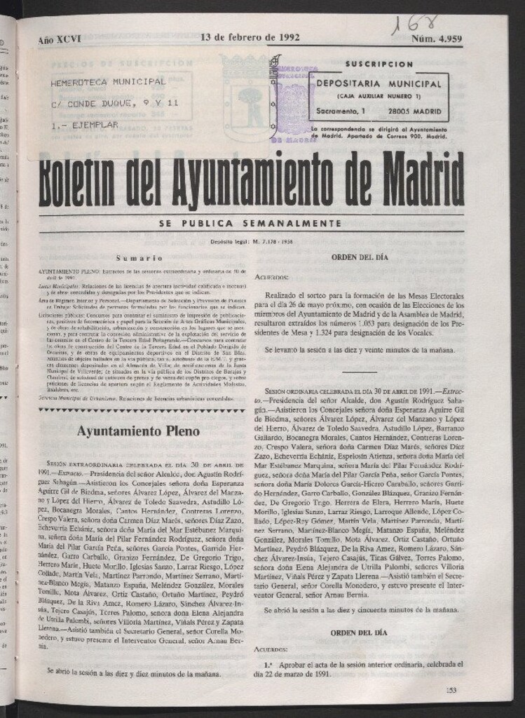 Miniatura de Boletín del Ayuntamiento de Madrid del 13 de febrero de 1992