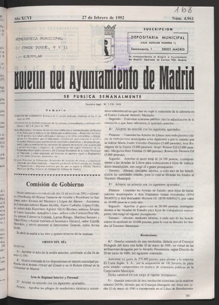Miniatura de Boletín del Ayuntamiento de Madrid del 27 de febrero de 1992
