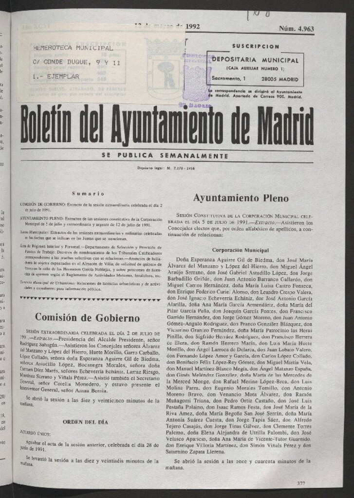 Miniatura de Boletín del Ayuntamiento de Madrid del 12 de marzo de 1992