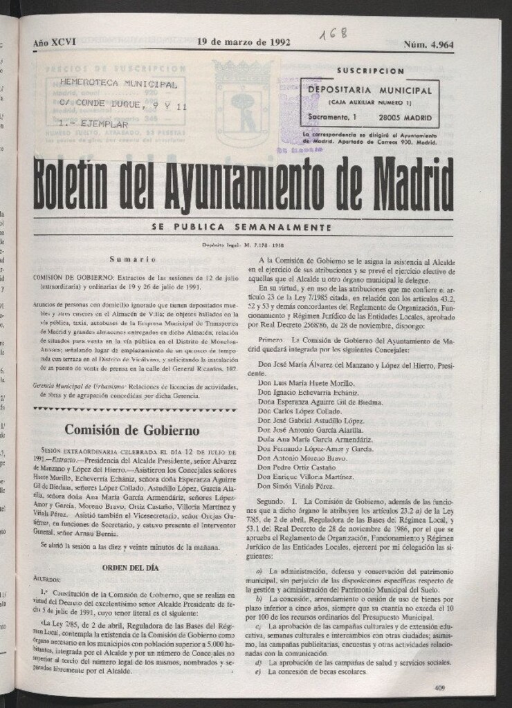 Miniatura de Boletín del Ayuntamiento de Madrid del 19 de marzo de 1992
