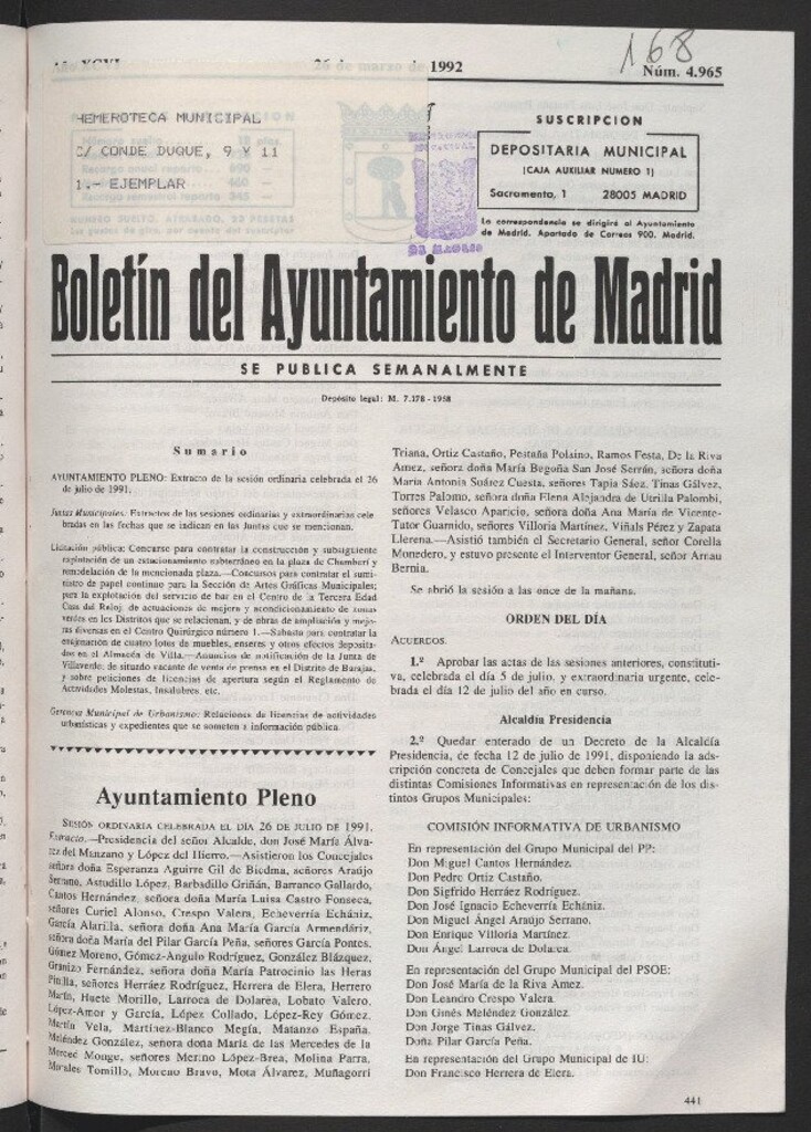 Miniatura de Boletín del Ayuntamiento de Madrid del 26 de marzo de 1992
