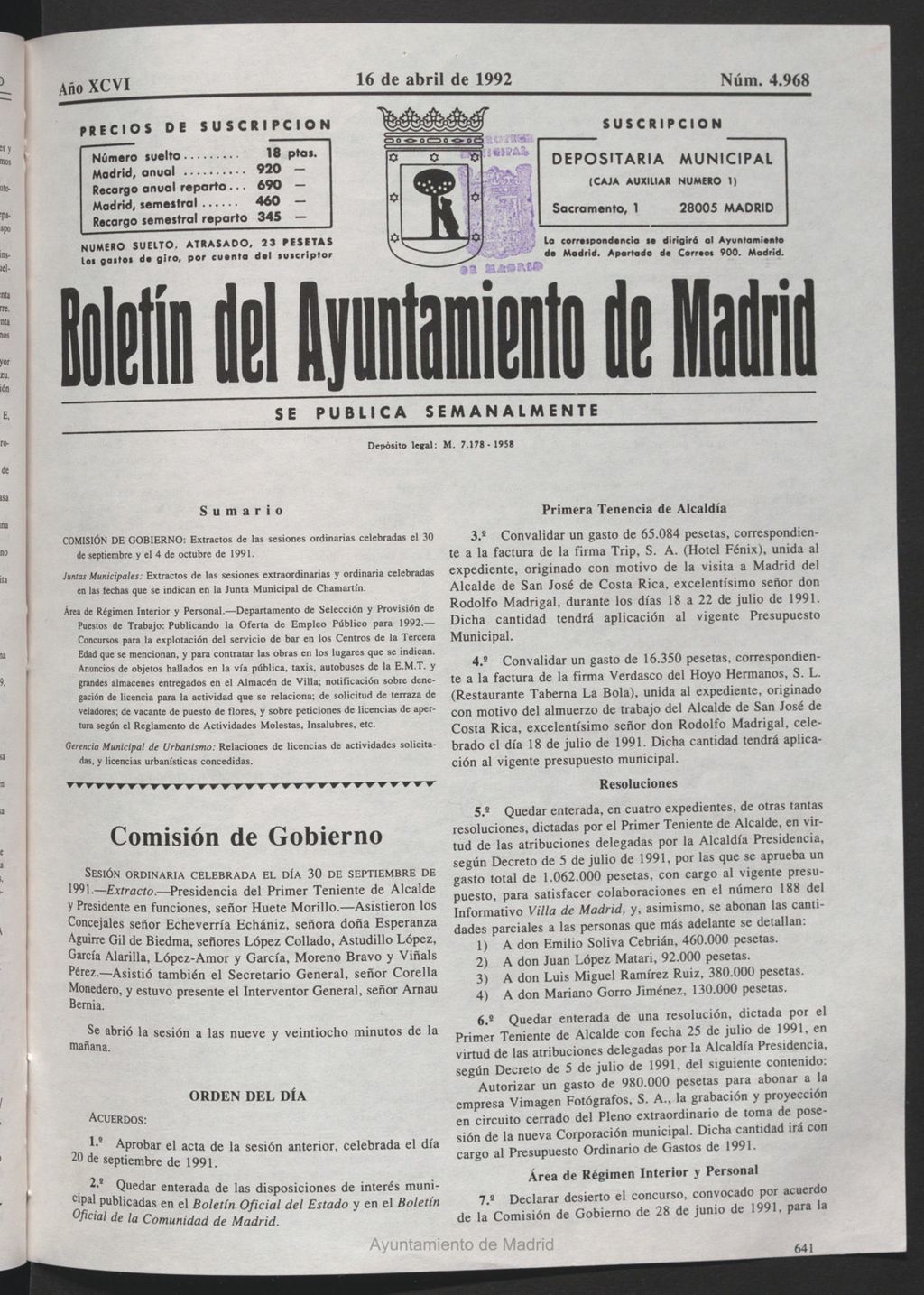 Miniatura de Boletín del Ayuntamiento de Madrid del 16 de abril de 1992
