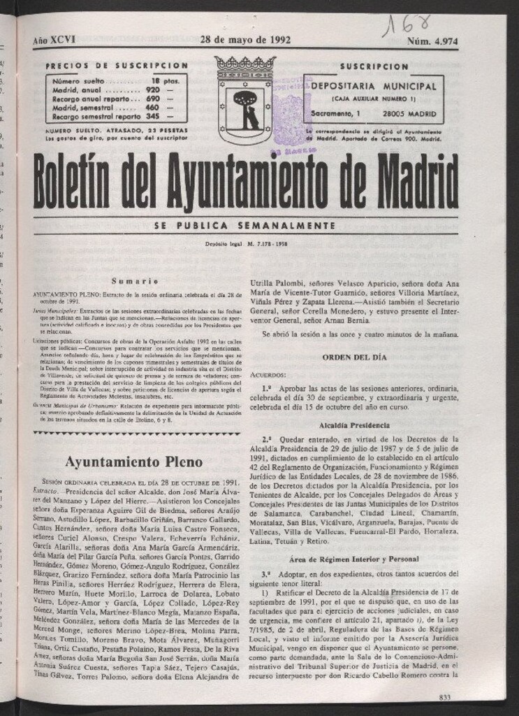 Miniatura de Boletín del Ayuntamiento de Madrid del 28 de mayo de 1992