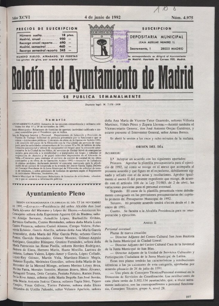 Miniatura de Boletín del Ayuntamiento de Madrid del 4 de junio de 1992