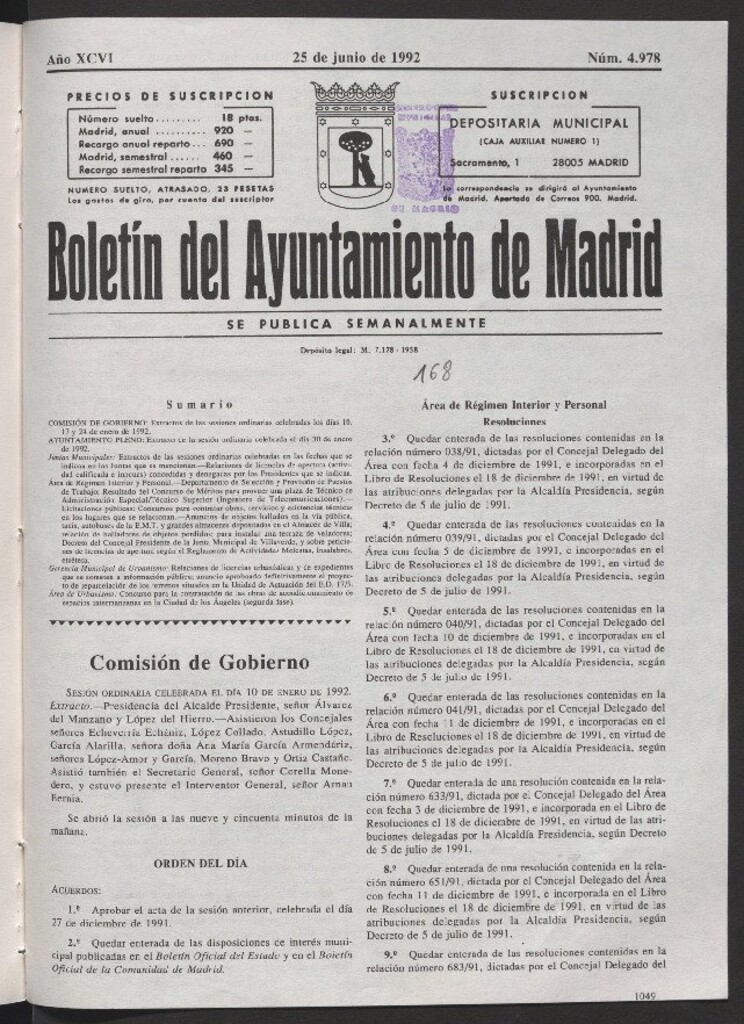 Miniatura de Boletín del Ayuntamiento de Madrid del 25 de junio de 1992