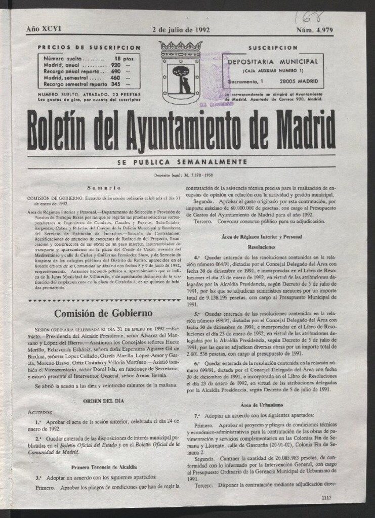 Miniatura de Boletín del Ayuntamiento de Madrid del 2 de julio de 1992