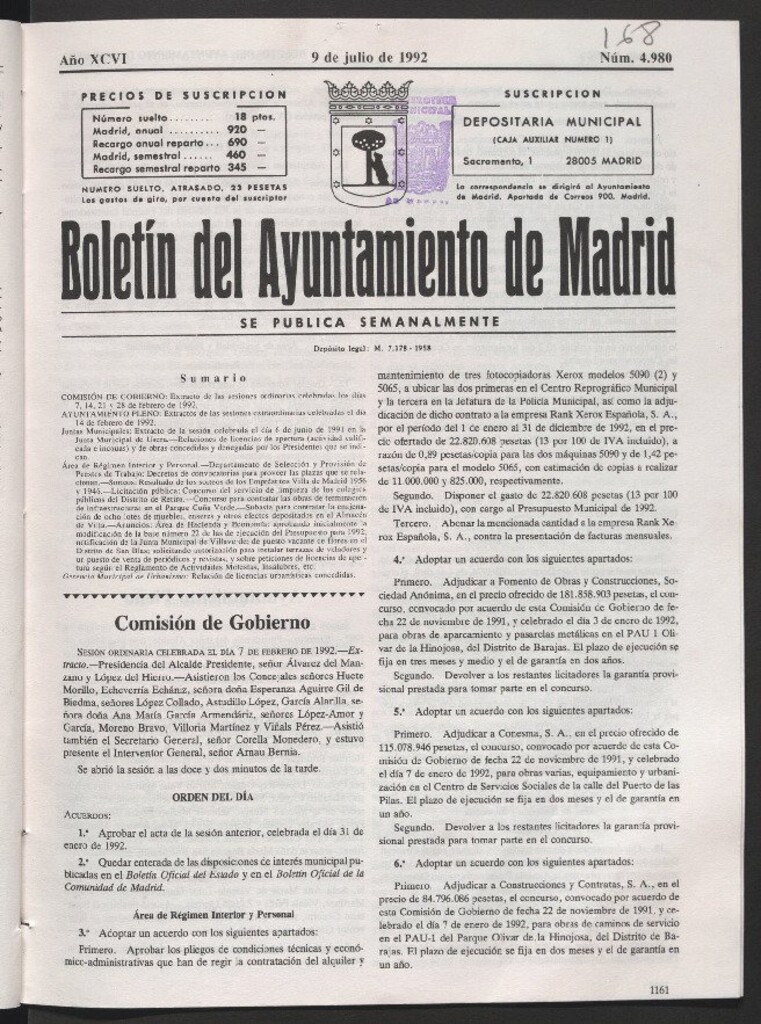 Miniatura de Boletín del Ayuntamiento de Madrid del 9 de julio de 1992