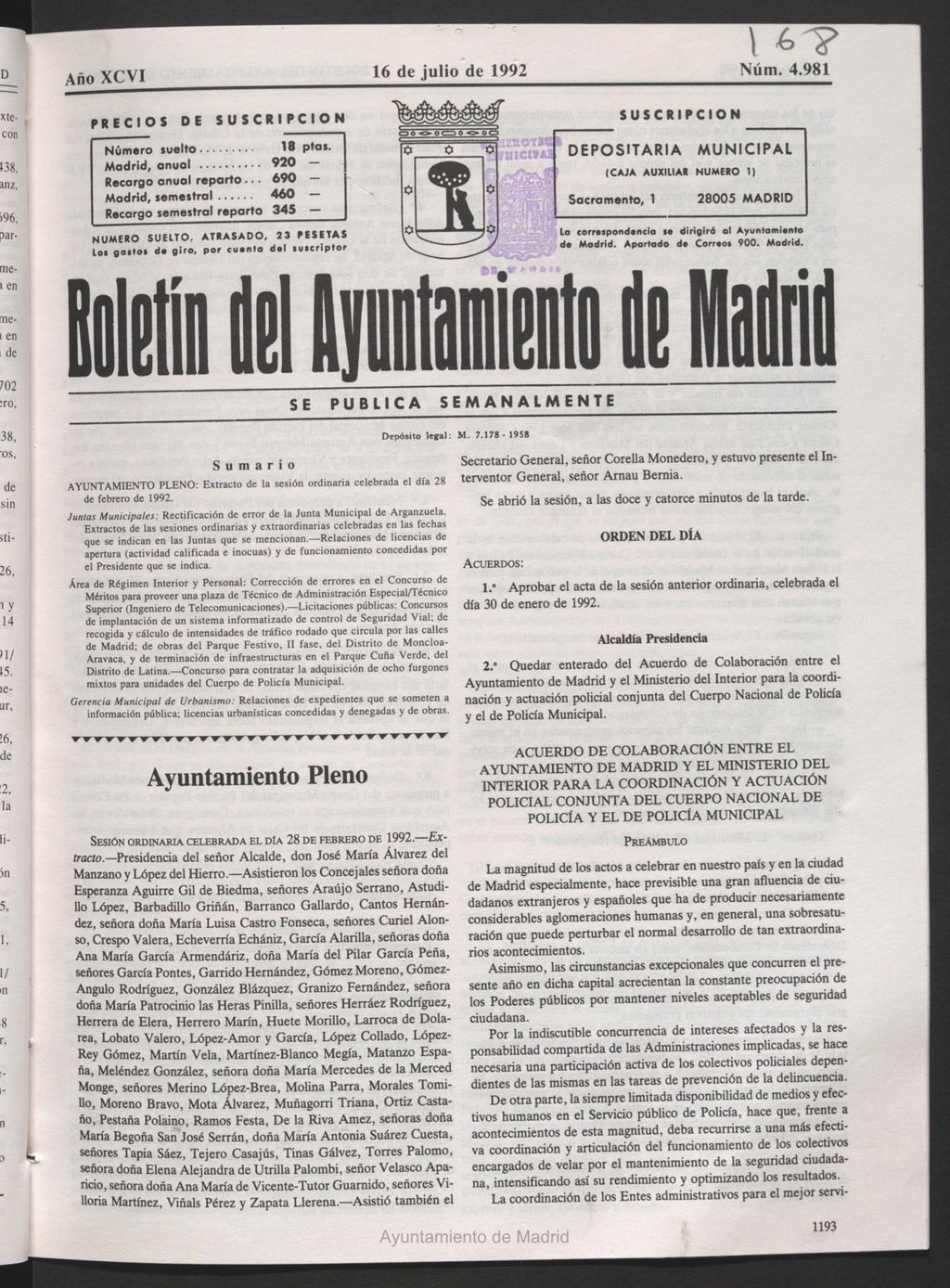 Miniatura de Boletín del Ayuntamiento de Madrid del 16 de julio de 1992