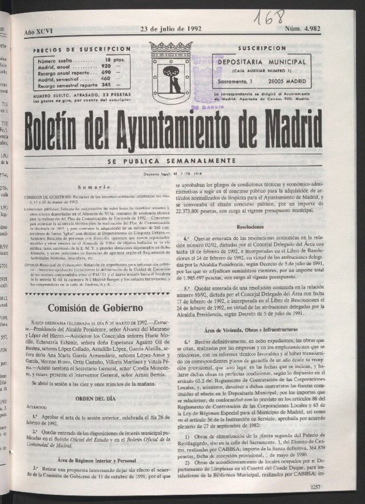 Miniatura de Boletín del Ayuntamiento de Madrid del 23 de julio de 1992