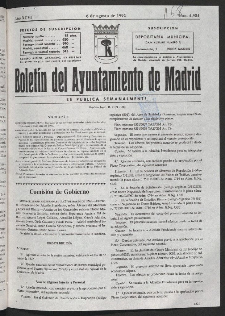 Miniatura de Boletín del Ayuntamiento de Madrid del 6 de agosto de 1992