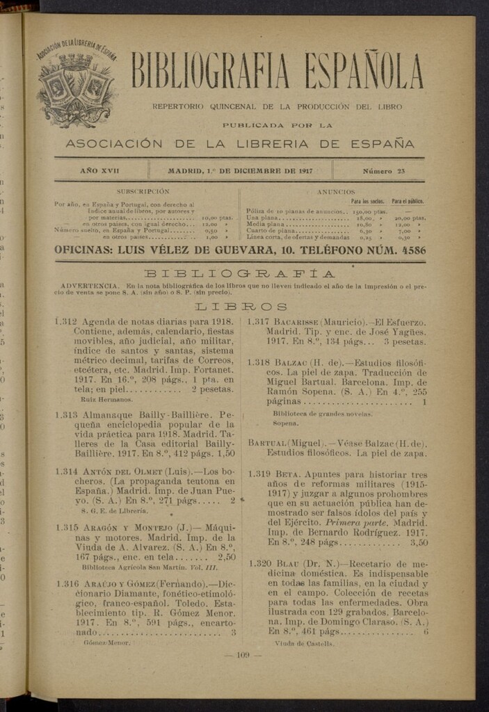 Miniatura de Bibliografía Española del 1 de diciembre de 1917